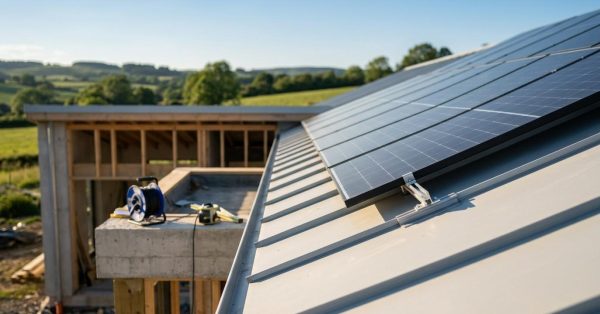 Solar panel installation on a new energy-efficient home under construction.