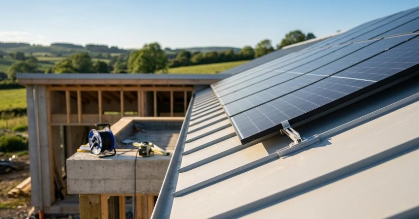 Solar panel installation on a new energy-efficient home under construction.