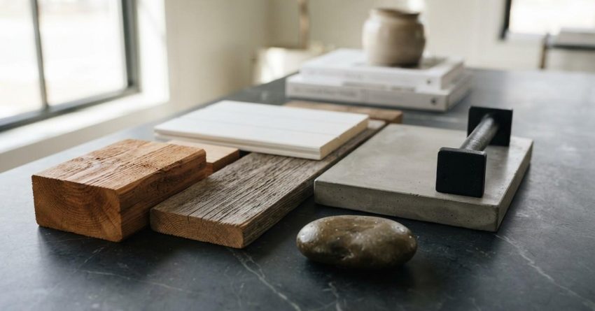 Collection of wood, tile, concrete, and metal finish samples displayed on a countertop for home renovation and interior design planning.