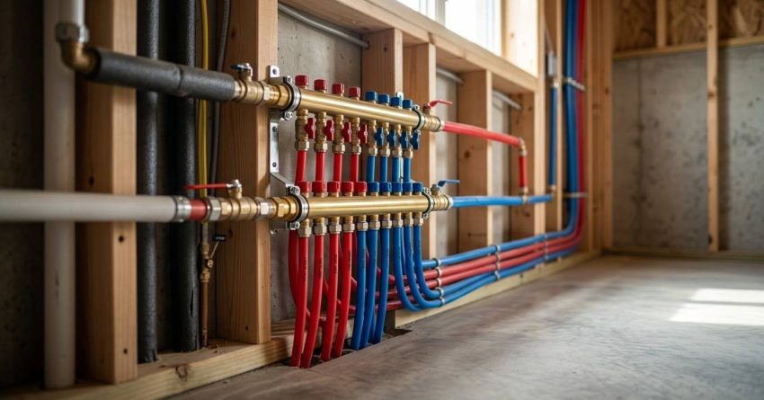 PEX plumbing manifold system with red and blue water lines installed inside a new home wall frame.