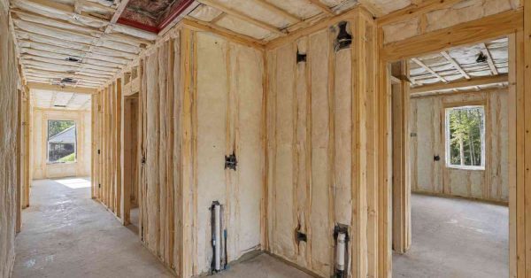 Framed house interior with spray foam insulation installed in walls and ceiling.