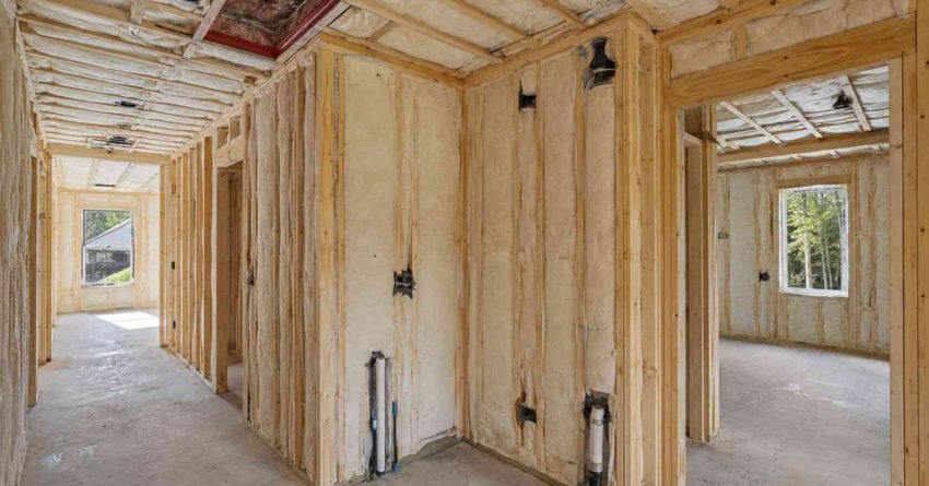 Framed house interior with spray foam insulation installed in walls and ceiling.