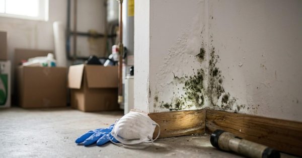 Mold growing on a water-damaged wall near a baseboard, with protective gear and inspection tools on the floor.