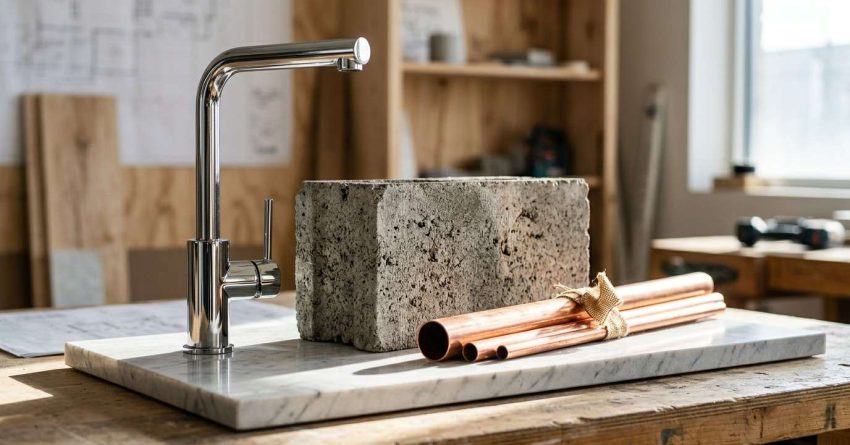 Kitchen faucet with plumbing materials on a workbench.