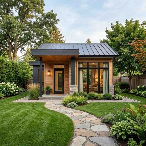 Modern guest house with landscaped backyard