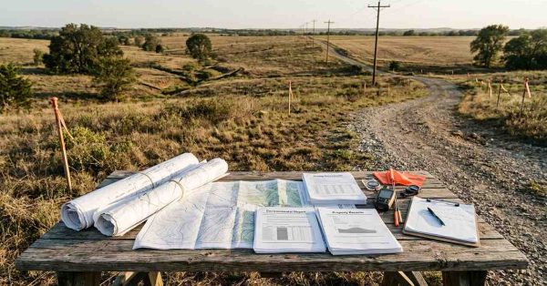 Land due diligence documents and site plans on a rural property survey table