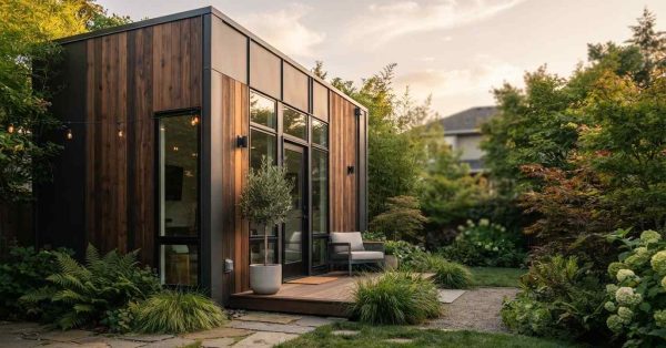 Modern prefab accessory dwelling unit (ADU) with wood siding, black trim, large windows, and landscaped backyard garden at sunset.