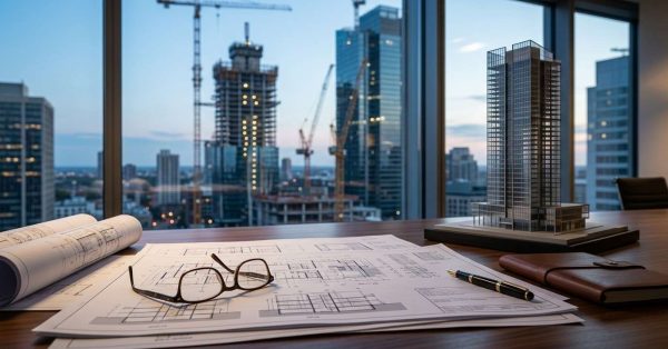Architectural plans, a tower model, and office supplies on a conference table overlooking a city construction site.