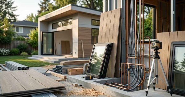 Building materials, windows, plumbing, and framing prepared for an ADU construction project, with a modern accessory dwelling unit being built in the background.