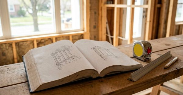 Open building code and construction plans on a workbench inside a framed home under construction, with measuring tools nearby.