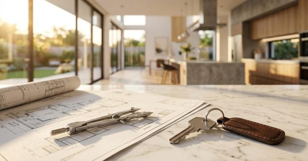 House keys, architectural blueprints, and a drafting compass on a marble kitchen island inside a modern home, representing custom home design, construction, or property ownership.