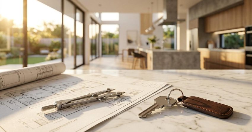 House keys, architectural blueprints, and a drafting compass on a marble kitchen island inside a modern home, representing custom home design, construction, or property ownership.