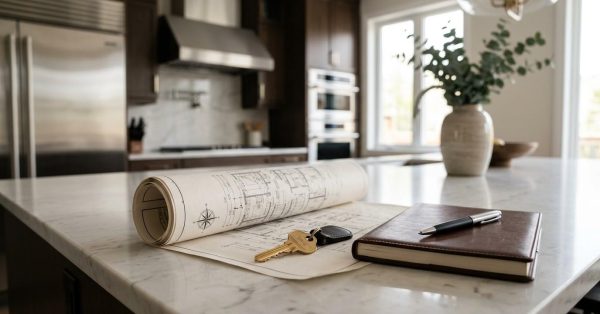A rolled-up blueprint, car keys, and a notebook with a pen on a marble kitchen island in a modern, well-lit kitchen.