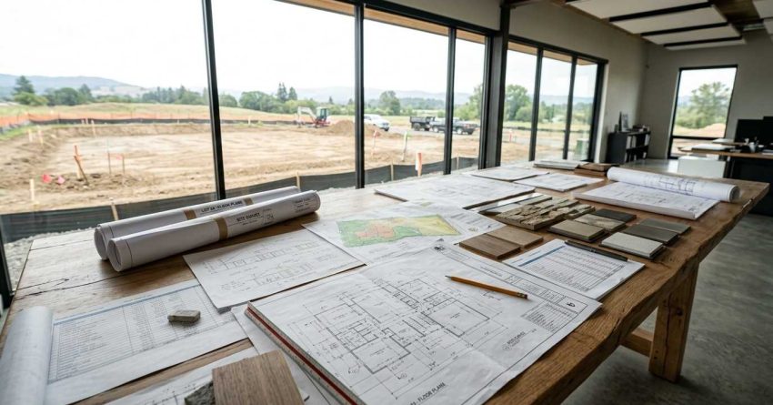 Home construction plans, material samples, and site development documents prepared for a pre-construction planning meeting.