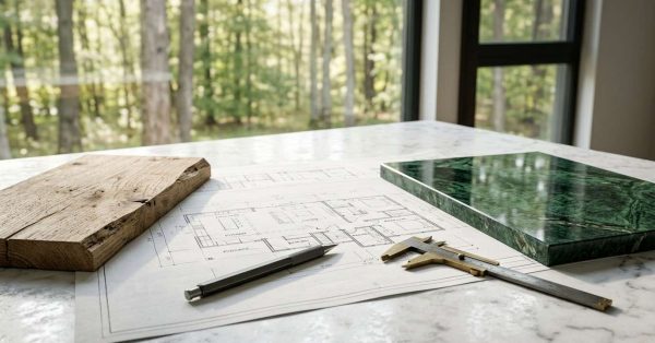 Custom home design plans and material samples.