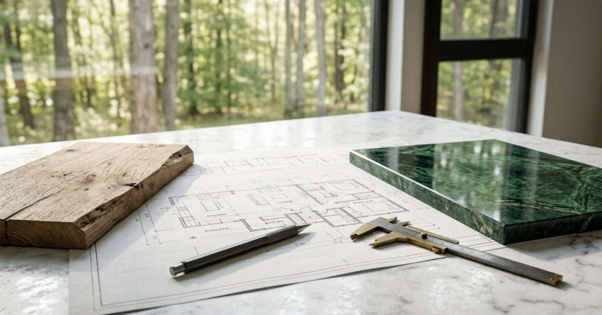 Custom home design plans and material samples.