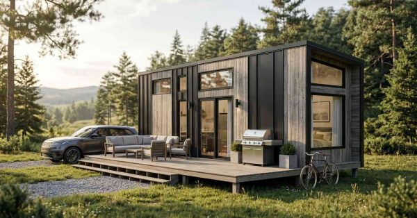 Modern tiny home with a large deck, outdoor seating, and a parked SUV in a wooded setting.
