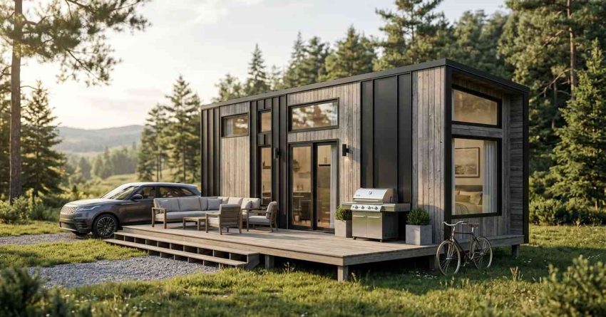 Modern tiny home with a large deck, outdoor seating, and a parked SUV in a wooded setting.