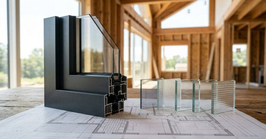 Window frame and glass samples on construction plans.