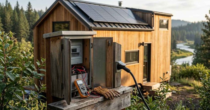 Solar-powered tiny home with an outdoor electrical hookup panel and battery system in a wooded landscape.