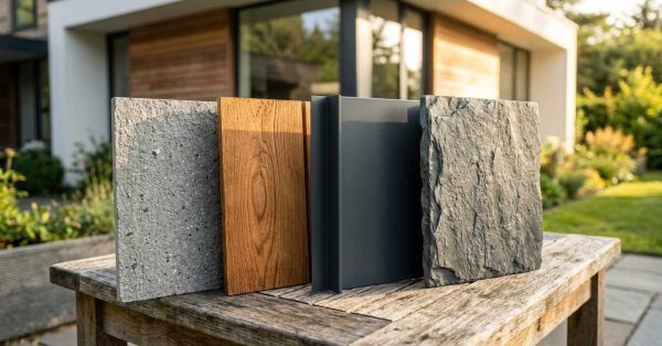 Exterior siding material samples displayed in front of a modern home.