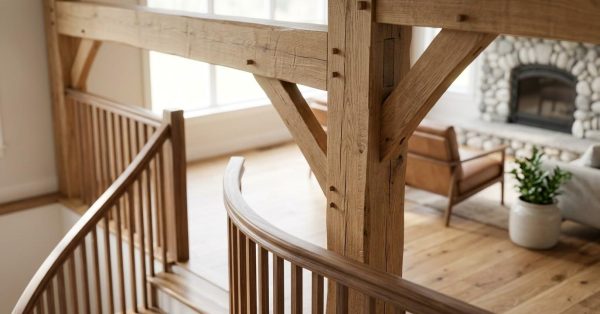 Exposed timber beams and a curved wooden staircase inside a spacious handcrafted home.