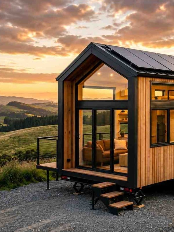 Modern tiny home on wheels with rooftop solar panels overlooking scenic hills at sunset