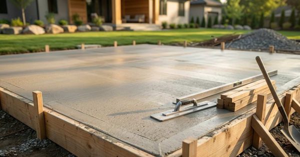 Freshly poured concrete slab foundation with finishing tools and wooden forms at a residential construction site.