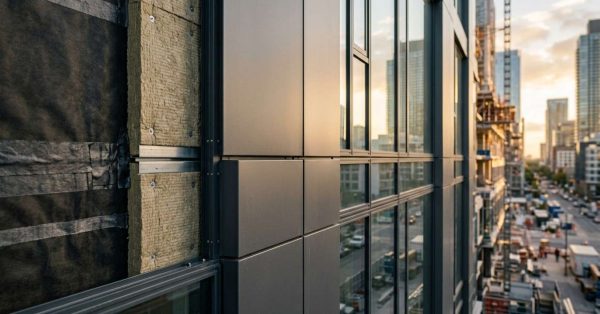 Exterior insulation and metal cladding on a modern building facade.