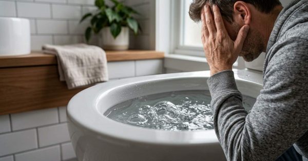 Homeowner frustrated by a toilet with bubbling water, illustrating a toilet plumbing issue, poor venting, sewer line blockage, or drainage problem.