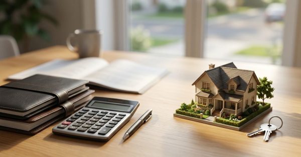 House affordability concept with a model home, calculator, notebooks, and keys on a desk.