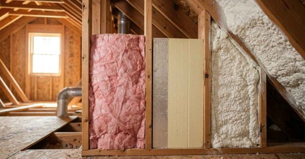 Fiberglass, foam board, and spray foam insulation compared in an attic.