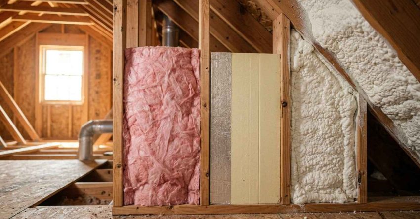 Fiberglass, foam board, and spray foam insulation compared in an attic.