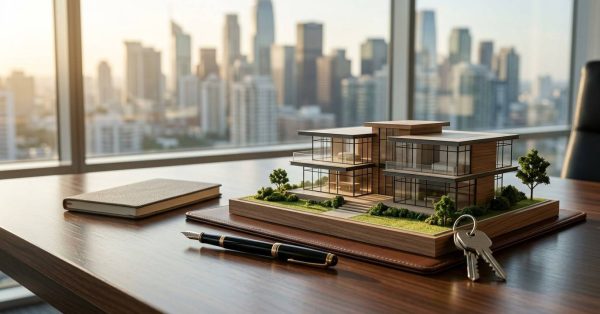 Mortgage planning concept with a modern house model, keys, and a pen on an office desk overlooking a city skyline.