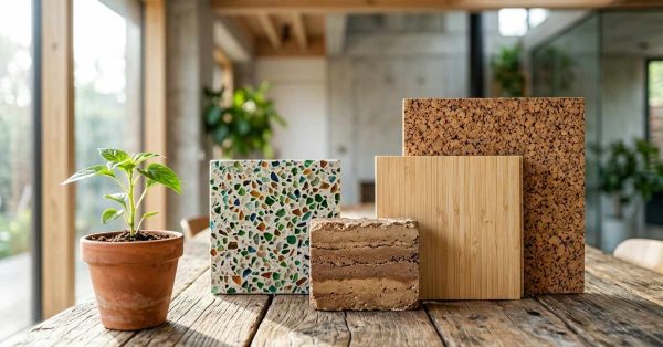 Eco-friendly building material samples displayed in a modern interior.