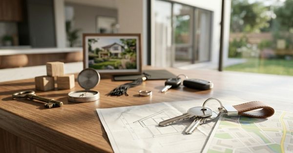 Homebuying and moving concept with keys, house plans, a map, and personal items arranged on a table in a modern home.