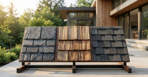 Slate, wood shake, and asphalt shingle roofing samples on display.