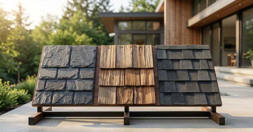 Slate, wood shake, and asphalt shingle roofing samples on display.