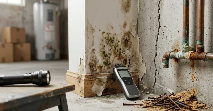 Water damage warning signs with mold, cracked walls, rusted pipes, and a moisture meter during a home inspection.