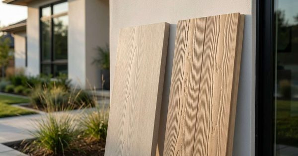 Smooth and wood-grain siding samples beside a modern home.