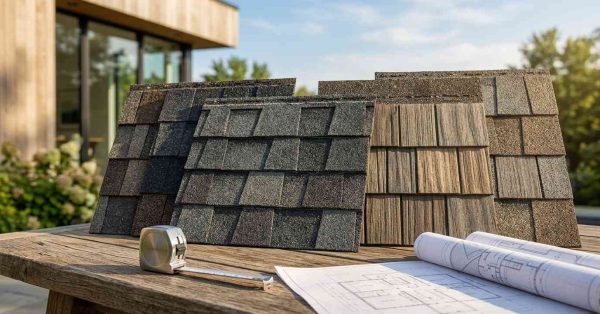 Roofing shingle samples with blueprints and measuring tape.