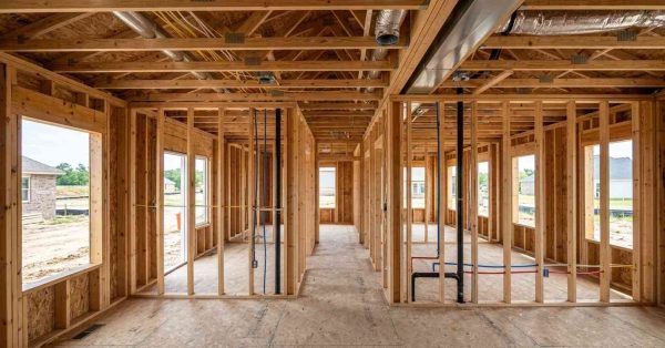 Unfinished house interior with exposed wood framing, plumbing, and electrical rough-ins.