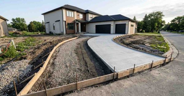 New residential driveway construction with freshly poured concrete, curved layout, and luxury home exterior nearing completion