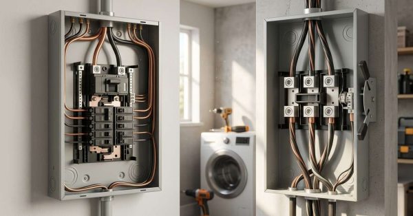 Open residential electrical panel and service disconnect box with wiring, installed in a modern utility room.