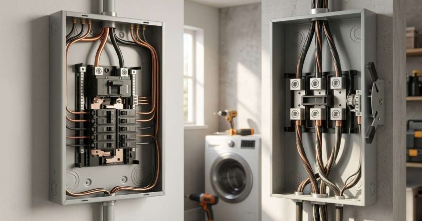 Open residential electrical panel and service disconnect box with wiring, installed in a modern utility room.