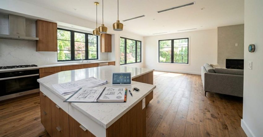 Modern open-concept custom home interior featuring a spacious kitchen with a large quartz island, warm wood cabinetry, hardwood flooring, designer pendant lighting, and architectural plans displayed in a bright, newly completed living space.