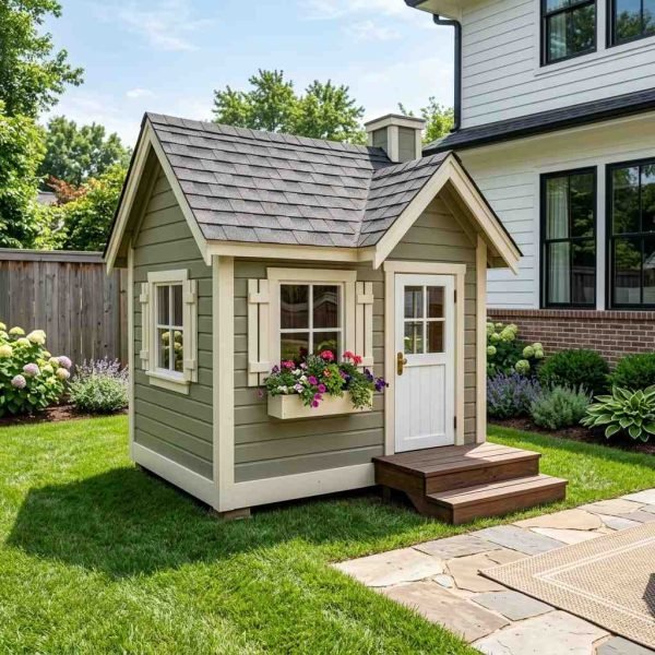 Small backyard playhouse with landscaped lawn