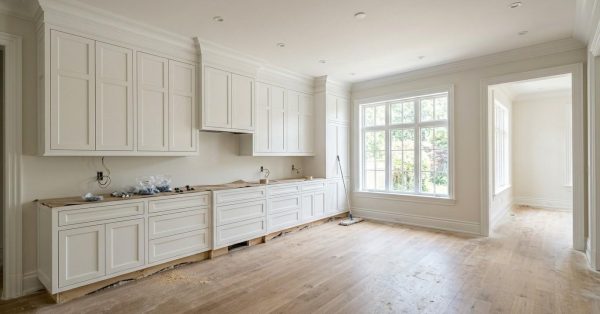 Newly installed white kitchen cabinets in a bright home under construction.