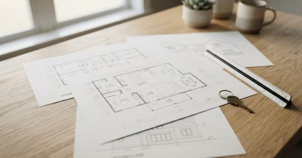 Residential floor plans on a wooden table with a ruler, pencil, and house key, representing home design, planning, and construction.