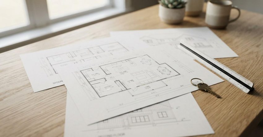 Residential floor plans on a wooden table with a ruler, pencil, and house key, representing home design, planning, and construction.